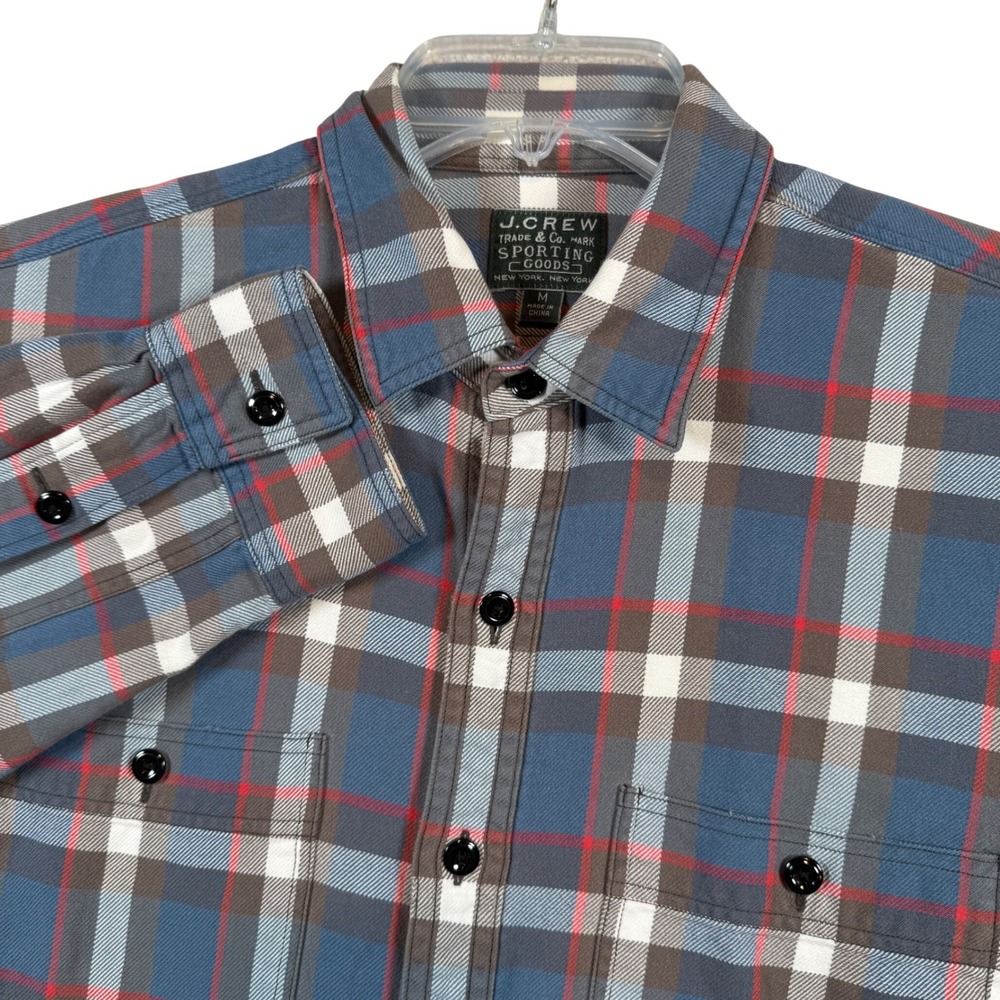 J Crew Plaid Flannel Button Down Shirt Men's Size Medium Blue Brown Red